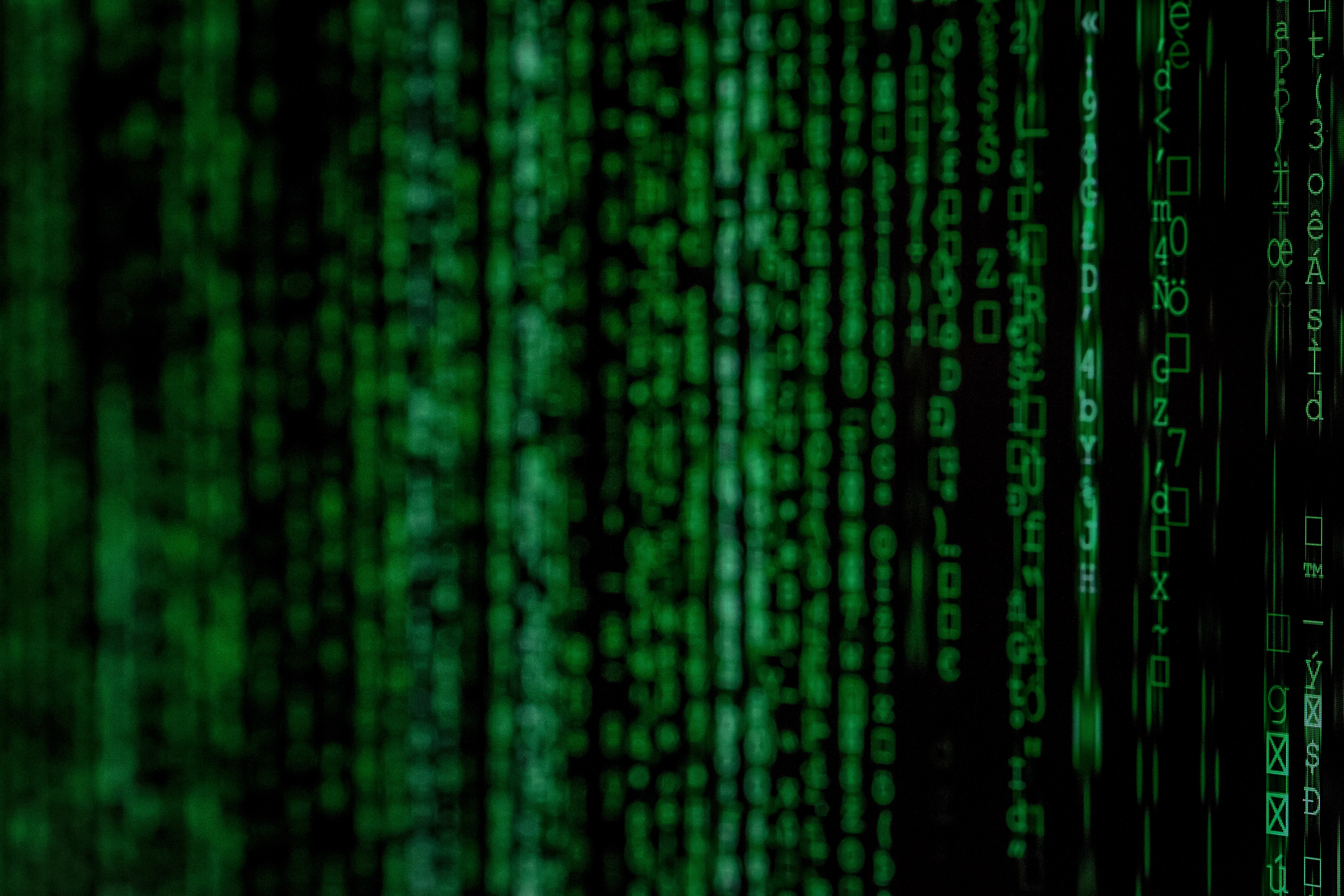Photo of green wall of matrix code running vertical
